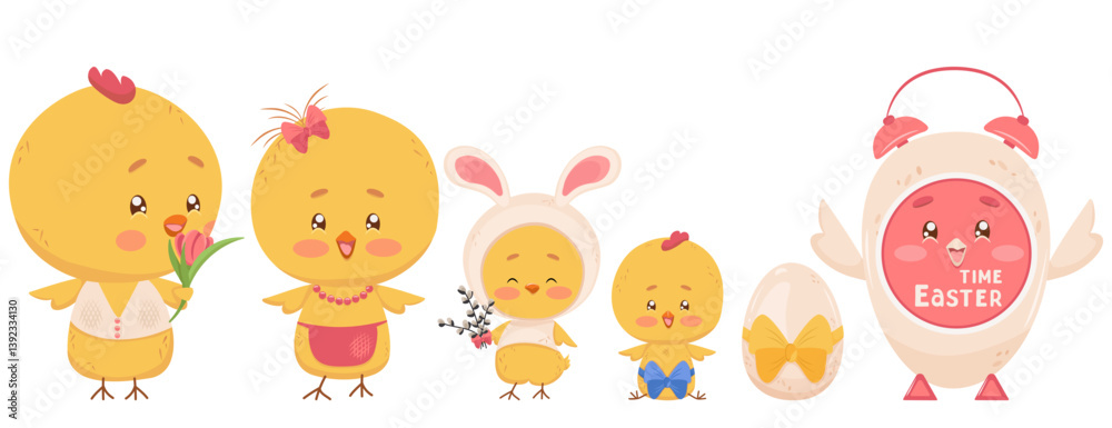 Family of funny isolated characters of different genders and ages. Easter chicks, egg, hen, rooster, bunny ears, willow branches, alarm clock. Favorite bird characters. Festive decor Family of funny isolated characters of different genders and ages. Easter chicks, egg, hen, rooster, bunny ears, willow branches, alarm clock. Favorite bird characters. Festive decor