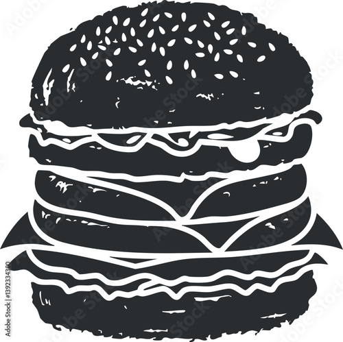 Black and white illustration of a classic cheeseburger with sesame seed bun and toppings.