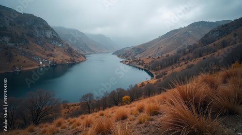 Schinias National Park in Greece during midday, with mild, rainy winter conditions, shot from above for a sweeping view. photo