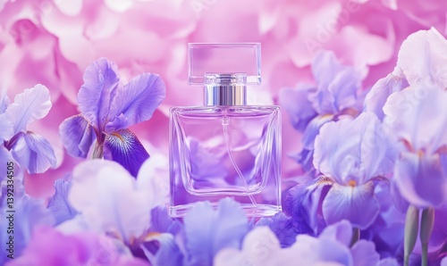 Elegant perfume bottle nestled amongst vibrant purple irises and soft pink flowers. A delicate and fragrant scene.