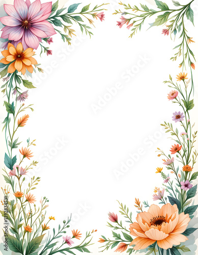 Watercolor Floral Frame: Pastel Blooms & Greenery Border