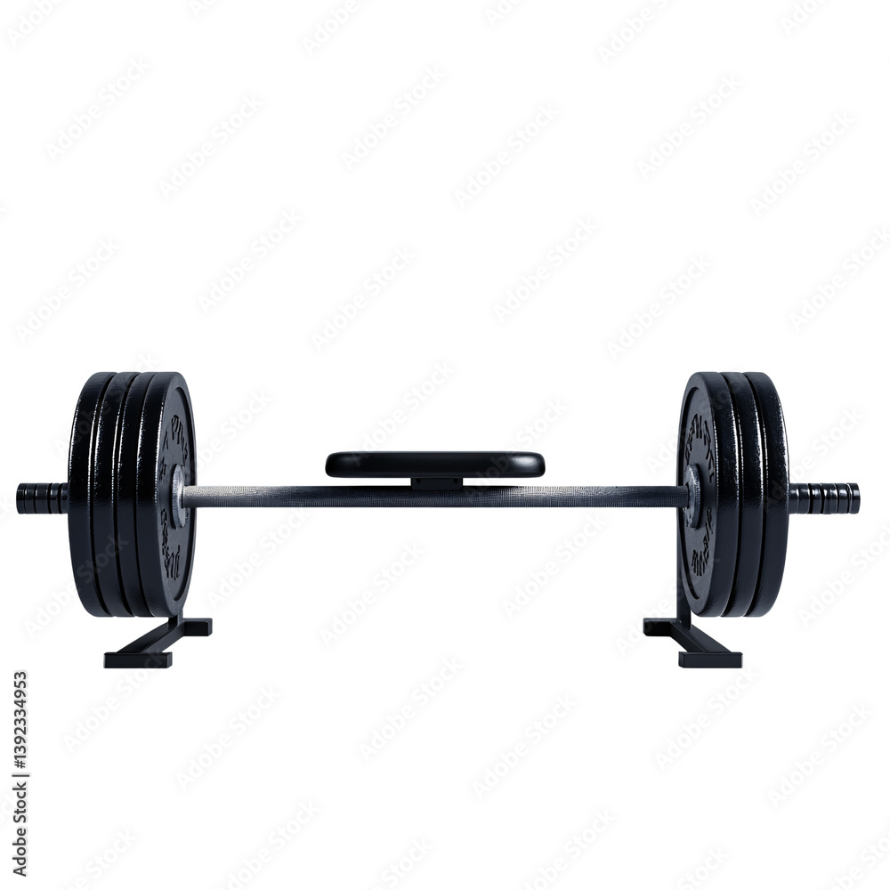 Heavy barbell with weight plates on a rack against a black background Concept of strength training, bodybuilding, and fitness equipment Heavy barbell with weight plates on a rack against a black background Concept of strength training, bodybuilding, and fitness equipment