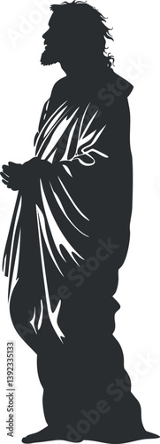 Silhouette of a man in a robe standing in prayer, conveying a spiritual atmosphere.