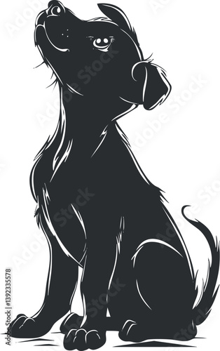 Silhouette illustration of a cute puppy sitting with an expressive face and wagging tail.
