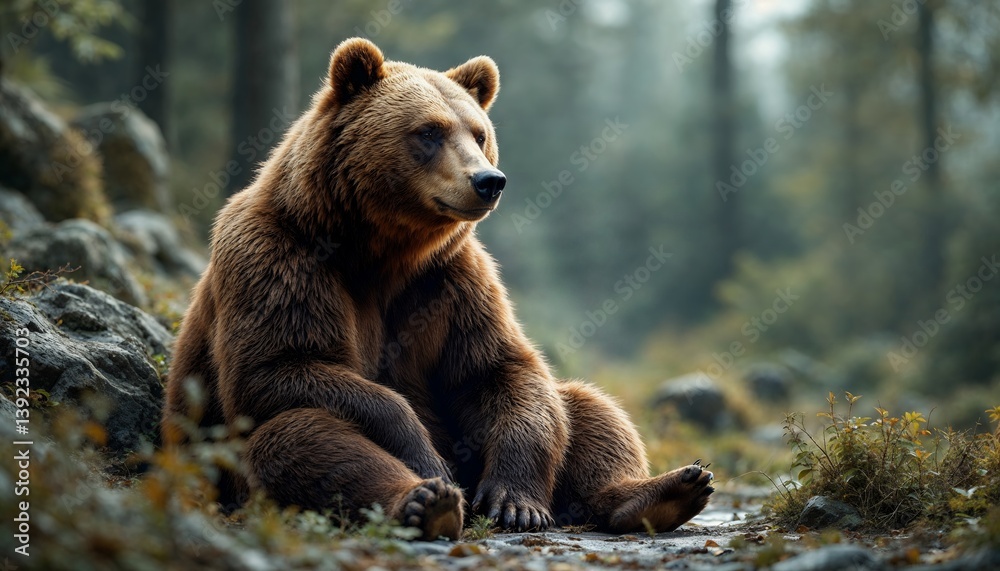 Fototapeta premium Brown Bear Sitting Relaxed in Forest Glade with Soft Lighting