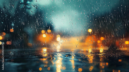 Rainy Night City Lights. Moody Urban Rainfall Reflection