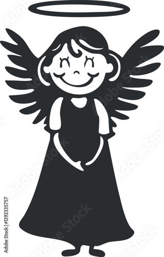Black and white cartoon angel with halo and wings, smiling joyfully, representing innocence and purity.