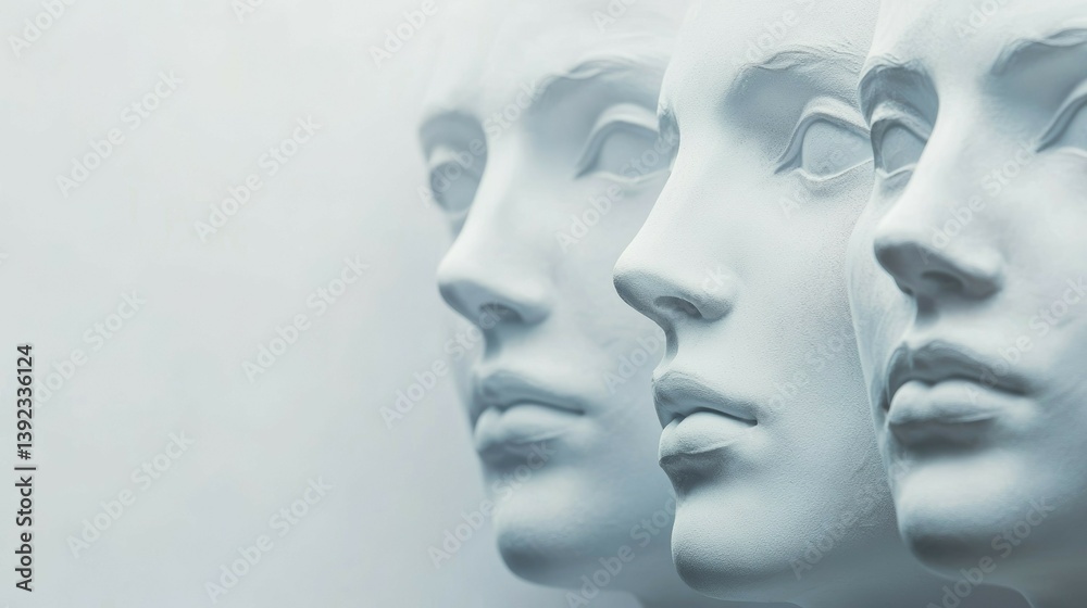 Three Faces Plaster Busts Arranged in Row Artistic and Minimalist Three Faces Plaster Busts Arranged in Row Artistic and Minimalist