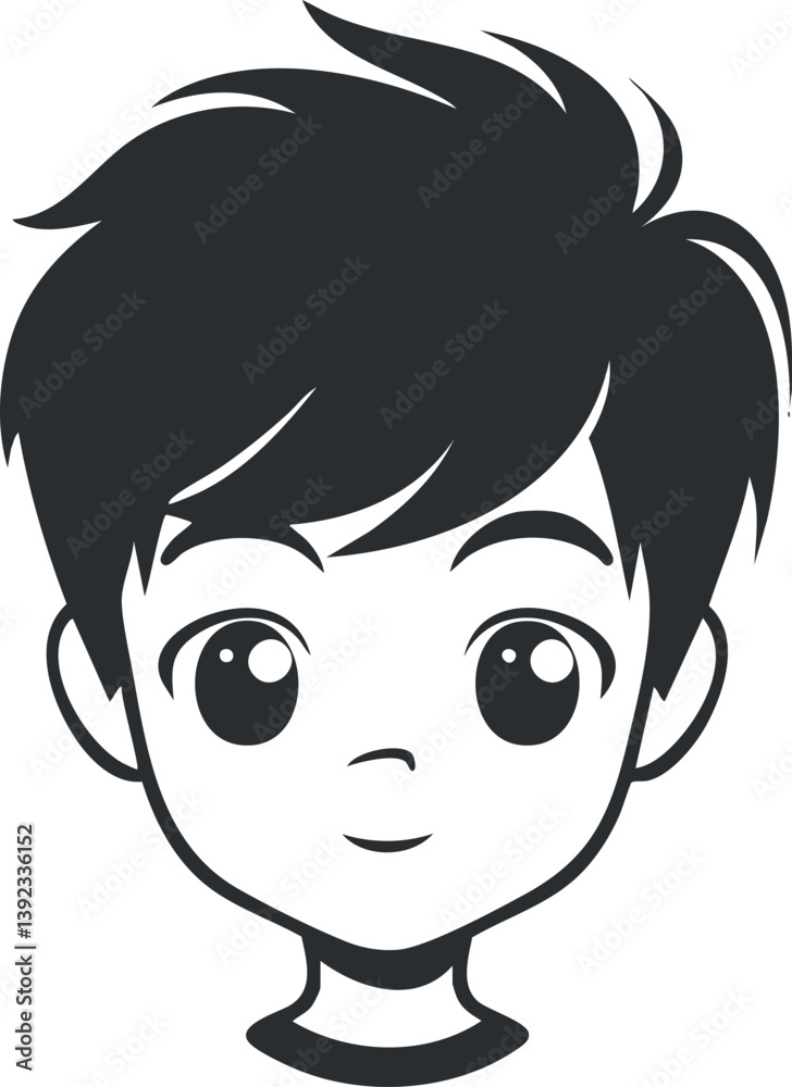 Black and white cartoon illustration of a smiling boy with stylized hair and large eyes. Black and white cartoon illustration of a smiling boy with stylized hair and large eyes.