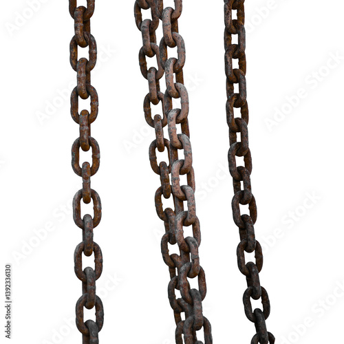 A close-up view of rusty metal chains hanging down, showcasing their texture and condition.