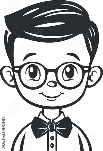 Black and white cartoon illustration of a boy wearing glasses and a bowtie, smiling cheerfully.