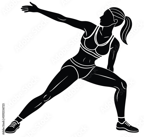 A black silhouette of a woman in a deep lunge stretch, one arm raised straight, warming up before a run or workout.