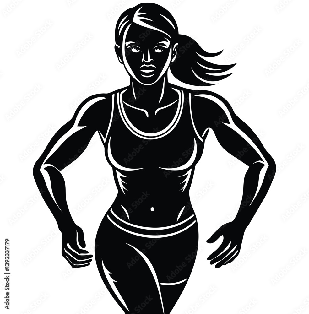 Fototapeta premium A muscular athlete girl in a bikini shows a strong torso silhouette. A long-distance runner in a steady, balanced pose, captured mid-stride with a slight forward lean.