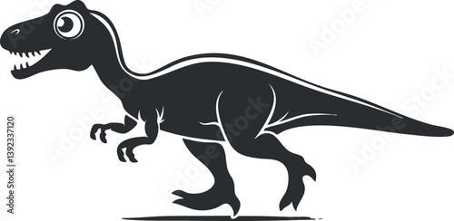 Black and white cartoon dinosaur silhouette illustration of a T-rex in a playful style.