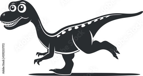 Black and white cartoon dinosaur illustration with a playful and smiling expression.
