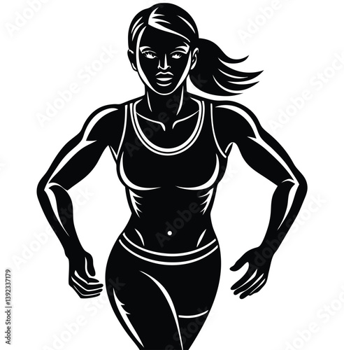 A muscular athlete girl in a bikini shows a strong torso silhouette. A long-distance runner in a steady, balanced pose, captured mid-stride with a slight forward lean.