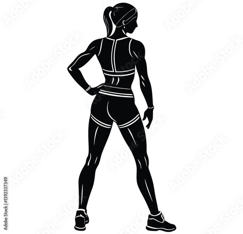 Black vector silhouettes of a woman illustrate sport, fitness, and action. 