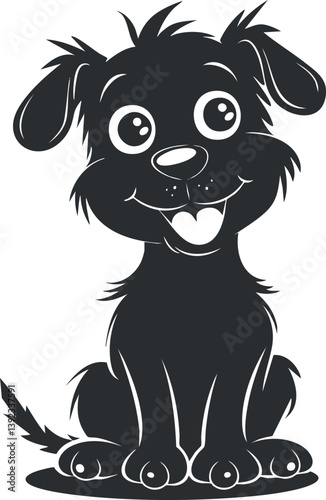 Black and white cartoon illustration of a cute, happy puppy with big eyes and a wagging tail.
