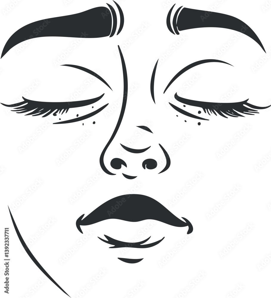 Minimalist black and white illustration of a stylized face with closed eyes and lips. Minimalist black and white illustration of a stylized face with closed eyes and lips.