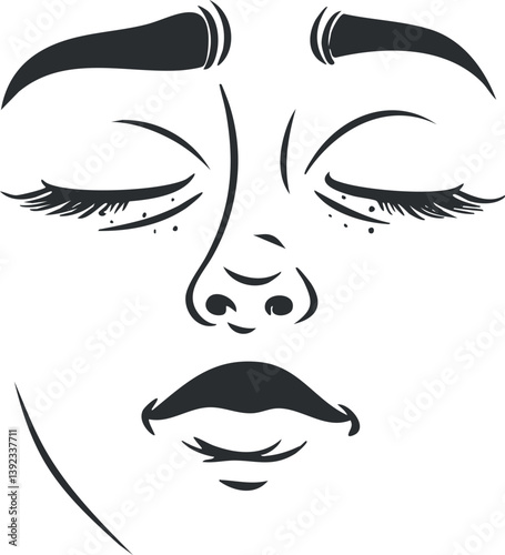 Minimalist black and white illustration of a stylized face with closed eyes and lips.
