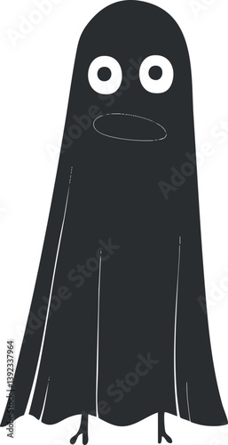 Cartoon ghost illustration with wide eyes and a simple black and white design.