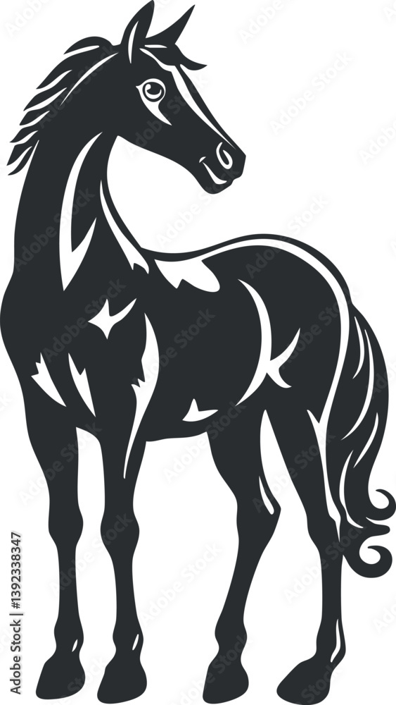 Obraz premium Black and white decorative silhouette of a horse with artistic patterns in a standing pose.