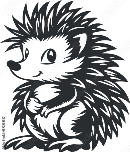 Monochrome cartoon hedgehog illustration with spiky fur and a cute expression.