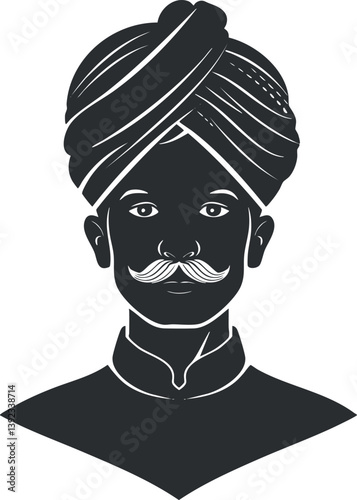 Stylized silhouette illustration of a man wearing a traditional turban and mustache, in monochrome.