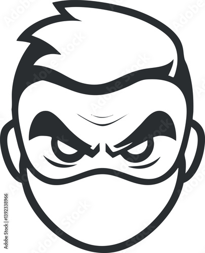 Monochrome illustration of a masked character with an intense expression in vector style.