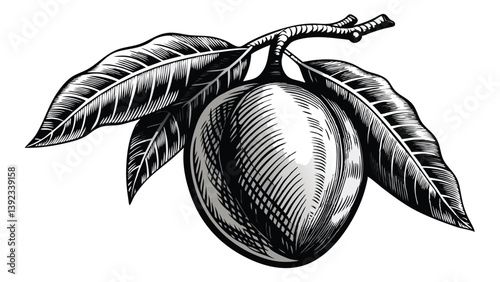 Elegant hand-drawn pen illustration showcasing ripe fruits and a full fruit-bearing tree branch. A vintage-style sketch ideal for packaging or retro-themed decor.