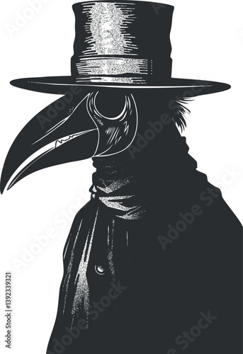 Illustration of a plague doctor in silhouette style with beak mask and wide-brimmed hat.