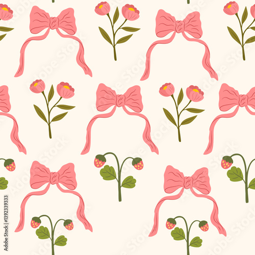 Coquette trellis floral seamless pattern with bows and ribbons. Preppy floral bouquet background. Vector botanical elegant trendy print. Vintage design for fabric, wallpaper or wrapping paper. 