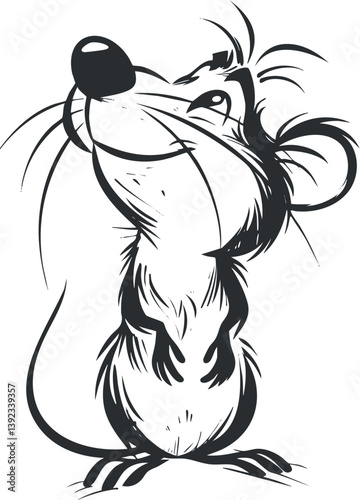 Stylized black and white illustration of a cartoon mouse with expressive features and whiskers.