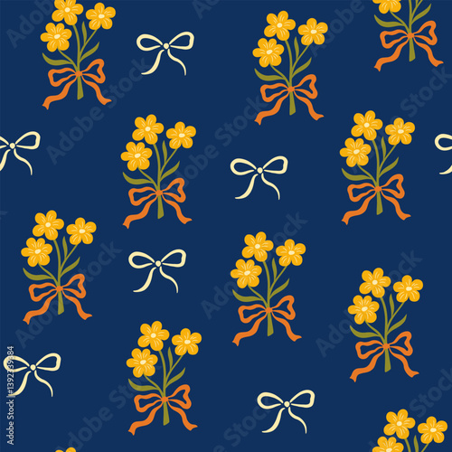Coquette trellis floral seamless pattern with bows and ribbons. Preppy floral bouquet background. Vector botanical elegant trendy print. Vintage design for fabric, wallpaper or wrapping paper. 