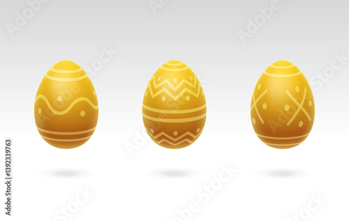 Golden eggs. Easter egg. Symbol of the Easter holiday. Egg icon. Holiday sign. Food. Realistic chicken egg. Eggs with patterns. Breakfast. Protein. Chicken farm. Healthy food. 3D art. Silhouette. 