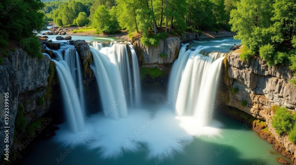 Obraz premium Cascade du Ray Pic in France with mild, sunny summer conditions, viewed from above at midday.