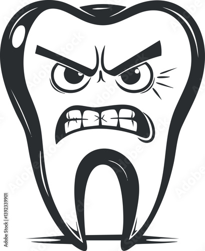 Black and white illustration of an angry cartoon tooth with a fierce expression.
