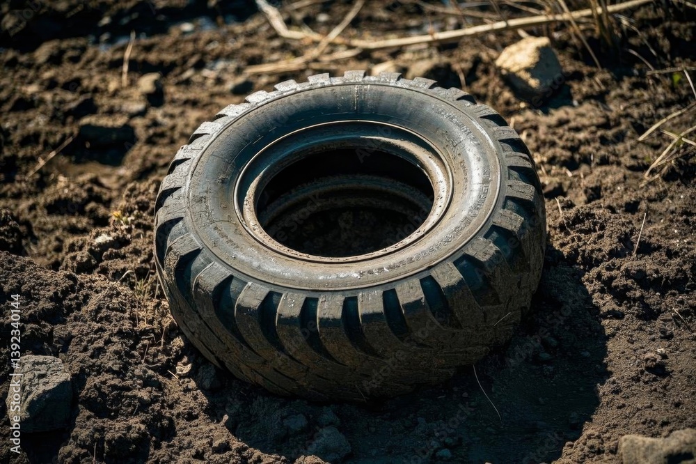 there is a tire that is sitting in the dirt there is a tire that is sitting in the dirt