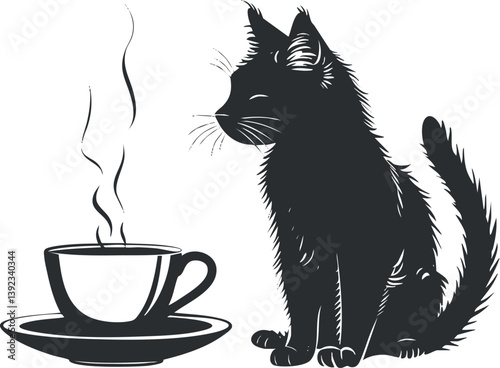 Silhouette of a cat sitting beside a steaming cup of coffee on a white background.