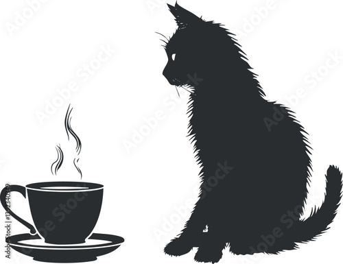 Silhouette of a cat sitting beside a steaming cup of coffee on a saucer.