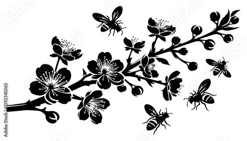Black and white silhouette of a cherry blossom branch and a bee on a white isolated background. Vector graphics. EPS.