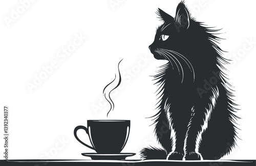 Black silhouette of a fluffy cat sitting beside a steaming coffee cup on a table.