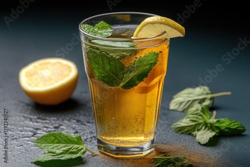 A glass of chilled jaljeera water with floating mint leaves, cumin powder, and a lemon slice on the rim.
