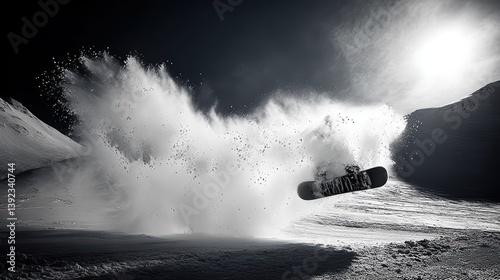 Snowboarder in mid - air action with snow spray under bright sun in snowy mountain landscape. photo