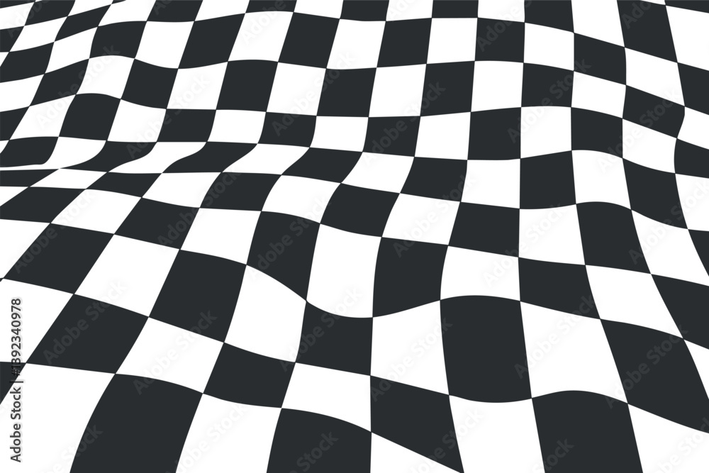 Fototapeta premium Abstract 3D checkered pattern with black and white tiles creating a wave-like illusion.
