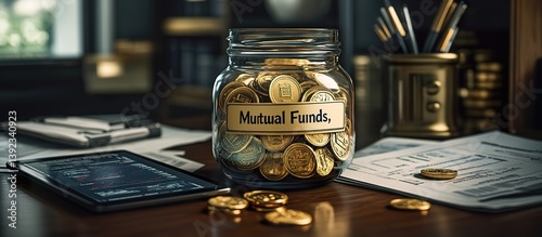 A glass jar filled with gold coins labeled 