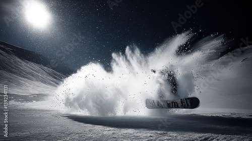 Snowboarder in mid - air action with snow spray under bright sun in snowy mountain landscape.