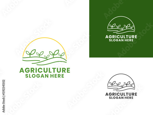 Farmland landscape logo. Farm food Line art with sun logo design. Agriculture design graphic symbol vector icon.