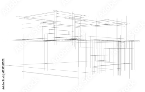 Futuristic Architectural Wireframe. Abstract Modern Building Design in Digital Sketch Style