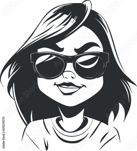 Stylized black and white cartoon portrait of a girl wearing sunglasses with a confident smile.